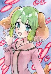 Rule 34 | 1girl, 2zuz4hru, :d, animal ears, blush, breasts, brown tail, commentary request, danmaku, dog ears, dog tail, dress, frilled sleeves, frills, green eyes, green hair, kasodani kyouko, long sleeves, looking at viewer, open mouth, painting (medium), pink dress, short hair, small breasts, smile, solo, tail, touhou, traditional media, upper body, watercolor (medium), waving