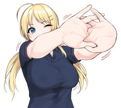 Rule 34 | 1girl, ahoge, black shirt, blonde hair, blue eyes, blue shirt, blush, breasts, commentary request, hachimiya meguru, hair ornament, hairclip, idolmaster, idolmaster shiny colors, interlocked fingers, large breasts, long hair, looking at viewer, low twintails, motion lines, one eye closed, polo shirt, shirt, short sleeves, simple background, smile, solo, sportswear, stretching, sunaba suzume, taut clothes, taut shirt, twintails, upper body, white background