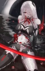 Rule 34 | 1girl, absurdres, acheron (honkai: star rail), arm support, armor, asymmetrical gloves, asymmetrical legwear, belt, black belt, black bra, black gloves, black skirt, blood, blood on face, boots, bra, bra in mouth, breasts, bright pupils, chest tattoo, claw ring, clothes in mouth, collarbone, colored skin, criss-cross halter, dutch angle, elbow gloves, eyeliner, flower, flower on liquid, gem, gloves, hair intakes, hair ornament, hair over one eye, halterneck, hand on own stomach, highres, honkai: star rail, honkai (series), jim199909, knee boots, large breasts, long hair, looking at viewer, makeup, miniskirt, mismatched gloves, navel, neck flower, pubic tattoo, rain, red eyeliner, red eyes, red flower, red gemstone, red gloves, reflection, reflective water, shoulder armor, sidelocks, single knee boot, single thigh boot, sitting, sitting on liquid, skirt, spaghetti strap, spread legs, stomach, stomach tattoo, tattoo, thigh boots, torn clothes, underwear, uneven legwear, wet, white hair, white pupils, white skin