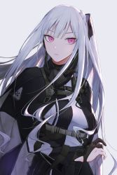 Rule 34 | 1girl, ak-12 (girls&#039; frontline), black gloves, braid, breasts, cloak, french braid, gas mask, girls&#039; frontline, gloves, grey background, hair ribbon, highres, jacket, long hair, long sleeves, looking at viewer, mask, medium breasts, parted lips, partially fingerless gloves, purple eyes, qb 516, ribbon, sidelocks, silver hair, simple background, solo, strap, tactical clothes, upper body, very long hair