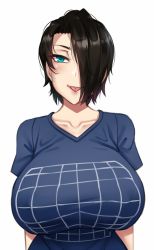 Rule 34 | 1girl, :p, aqua eyes, black hair, blue shirt, breasts, collarbone, commentary, english commentary, hair over one eye, huge breasts, illusion grid t-shirt, impossible clothes, impossible shirt, looking at viewer, original, saya (twrlare), shirt, short hair, short sleeves, simple background, solo, tongue, tongue out, twrlare, upper body, white background