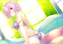 Rule 34 | 1girl, absurdres, alternate costume, amami mikihiro, ass, bare shoulders, bed sheet, blush, bra, breasts, butt crack, closed mouth, cowboy shot, day, dimples of venus, dutch angle, fate/grand order, fate (series), hair over one eye, highres, indoors, large breasts, light purple hair, light smile, looking at viewer, mash kyrielight, panties, parted lips, plaid, plaid bra, plaid panties, purple bra, purple eyes, purple hair, purple panties, scan, short hair, sitting, smile, solo, strap slip, underwear, underwear only, window
