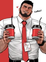 Rule 34 | 1boy, bara, beard, belt, black hair, blush, coffee, collared shirt, dopey (dopq), facial hair, heart, highres, id card, looking at viewer, male focus, manly, mature male, muscular, muscular male, necktie, one eye closed, original, pectorals, shirt, smile, solo, text focus, thick eyebrows, tight clothes, watch