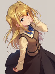 Rule 34 | 1boy, asada hachi, black skirt, blonde hair, blue bow, bow, bowtie, breasts, brown vest, closed mouth, commentary request, crossdressing, frilled shirt collar, frills, grey background, hair between eyes, hand up, highres, light smile, long hair, looking at viewer, male focus, maria holic, mole, mole under eye, red eyes, school uniform, shidou mariya, shirt, simple background, skirt, solo, standing, trap, twitter username, vest, watermark, yellow shirt