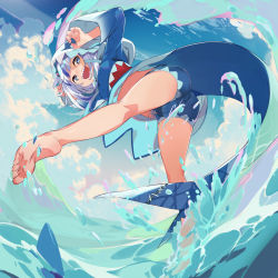 Rule 34 | 1girl, ass, blue eyes, blue hair, claw pose, feet, fins, fish tail, g yuusuke, gawr gura, hair ornament, highres, hololive, hololive english, kneepits, looking at viewer, looking back, medium hair, multicolored hair, open mouth, shark girl, shark tail, sharp teeth, silver hair, sky, smile, soles, solo, streaked hair, tail, teeth, toes, tongue, virtual youtuber, water