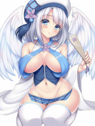 Rule 34 | 1girl, angel, angel wings, bare shoulders, blue eyes, blue hair, blue hat, blue skirt, blush, breasts, cleavage, detached sleeves, female focus, flower, groin, hand fan, hat, inma kourin devil carnival, kneeling, large breasts, long sleeves, looking at viewer, miniskirt, navel, no panties, open mouth, purple flower, seta (monyun), short hair, simple background, skirt, solo, thighhighs, white background, white hair, white thighhighs, wide hips, wings