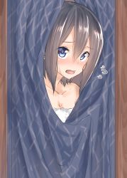 Rule 34 | 1girl, alternate hairstyle, black hair, blue eyes, blush, breasts, cleavage, collarbone, commentary request, embarrassed, eyebrows, flying sweatdrops, hair between eyes, highres, kyoo-kyon (kyo-kyon), looking at viewer, naked towel, open mouth, original, short hair, small breasts, solo, suzunari shizuku, sweatdrop, towel, wavy mouth, yuki arare