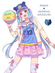 Rule 34 | 1girl, :d, animal ear headwear, animal ears, aqua bow, aqua hair, ball, bang dream!, baseball cap, basketball (object), basketball jersey, bear ears, blue bow, blue hat, blue shirt, blue thighhighs, blunt bangs, blush, bow, bow earrings, bracelet, character name, collarbone, commentary, commentary request, cosplay, earrings, english commentary, eyelashes, fake animal ears, fedex, frilled sailor collar, frills, hair bobbles, hair ornament, hand up, hat, heart bracelet, highres, holding, holding ball, jacket, jaren jackson jr., jaren jackson jr. (cosplay), jersey, jewelry, logo, long hair, long sleeves, looking at viewer, memphis grizzlies, mikasa sports, mixed-language commentary, multicolored hair, national basketball association, neck ribbon, nike (company), nyubara reona, open clothes, open jacket, open mouth, pink bow, pink skirt, pink thighhighs, pleated skirt, purple bow, purple hair, purple sailor collar, red eyes, ribbon, sailor collar, shirt, sidelocks, simple background, skirt, smile, solo, standing, star (symbol), star bracelet, star earrings, streaked hair, striped clothes, striped thighhighs, tareme, thighhighs, twintails, very long hair, watch, white background, wristwatch, yazawa happyaro, yellow jacket, yellow ribbon
