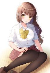 Rule 34 | 1girl, absurdres, black thighhighs, blush, bow, bowtie, brown eyes, brown footwear, brown hair, closed mouth, collared shirt, floor, hair ribbon, highres, loafers, long hair, looking at viewer, original, plaid, plaid skirt, pleated skirt, red skirt, ribbon, school uniform, shirt, shoes, short sleeves, sitting, skirt, smile, solo, thighhighs, white background, white ribbon, white shirt, yellow bow, yellow bowtie, yokozuwari, yukiunag1