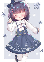 Rule 34 | 1girl, :d, black hair, blue bow, blue dress, blue footwear, blush, border, bow, buttons, closed eyes, commentary request, dress, facing viewer, flat chest, floral background, foot out of frame, grey background, hair ornament, hairclip, hand up, leg up, long sleeves, medium hair, miria (mamamamave), open mouth, original, outside border, shirt, shoes, skirt, smile, solo, suspender skirt, suspenders, white border, white bow, white headwear, white shirt