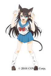 Rule 34 | 1girl, :3, :d, animal ear fluff, animal ears, black hair, blue eyes, blue sailor collar, blue skirt, blush, brown footwear, claw pose, collarbone, commentary request, copyright notice, extra ears, fangs, hair over shoulder, hand on own chest, hands up, highres, hololive, homura minori, leaning forward, leg warmers, legs apart, loafers, long hair, looking at viewer, miniskirt, navel, neck ribbon, official alternate costume, official art, oozora subaru, open mouth, pleated skirt, red ribbon, ribbon, sailor collar, school uniform, serafuku, shirt, shoes, short hair, short sleeves, sidelocks, simple background, skirt, smile, solo, standing, swept bangs, tail, v-shaped eyebrows, virtual youtuber, white background, white leg warmers, white shirt