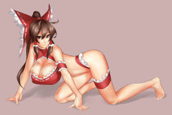 Rule 34 | 1girl, arm garter, arm support, bare shoulders, barefoot, bent over, bow, breasts, bridal garter, brown eyes, brown hair, cleavage, eu03, female focus, frills, full body, hair bow, hakurei reimu, huge breasts, long hair, ponytail, simple background, solo, touhou