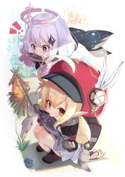 Rule 34 | + +, 2girls, ahoge, animal, backpack, bag, blonde hair, boots, brown footwear, cabbie hat, commentary request, dress, eating, feathers, fire, fish, food, genshin impact, hair between eyes, hat, hat feather, highres, holding, holding animal, holding fish, holding food, klee (genshin impact), long hair, long sleeves, low twintails, multiple girls, paimon (genshin impact), pointy ears, purple eyes, red dress, red eyes, red headwear, ribbed legwear, sleeves past wrists, socks, tsukiman, twintails, white dress, white feathers, white hair, white legwear