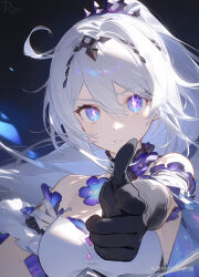 Rule 34 | + +, 1girl, ahoge, bare shoulders, black gloves, blue eyes, breasts, dress, gloves, highres, honkai (series), honkai impact 3rd, kiana kaslana, kiana kaslana (herrscher of finality), long hair, looking at viewer, medium breasts, parted lips, pointing, pointing at viewer, ponytail, purple theme, solo, symbol-shaped pupils, tiara, upper body, very long hair, white dress, white hair, xiannu de miao