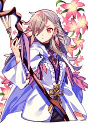 Rule 34 | 1girl, alternate costume, artist name, braid, cape, closed mouth, commentary request, cosplay, fate/grand order, fate (series), fingernails, floral background, flower, grey hair, hair ornament, holding, holding staff, holding weapon, long hair, long sleeves, merlin (fate), merlin (fate) (cosplay), olga marie animusphere, orange eyes, pink flower, robe, sentaku nori, simple background, single braid, solo, staff, swept bangs, weapon, white background, white cape, white robe, wide sleeves