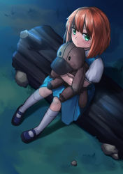 Rule 34 | 1girl, aged down, black footwear, blue dress, dress, from above, grass, green eyes, highres, holding, holding stuffed toy, kneehighs, log, looking at viewer, mary janes, medium hair, night, okamin, orange hair, outdoors, platypus, river wyles, shoes, sitting, socks, solo, stuffed animal, stuffed toy, stuffedplatypus, to the moon, white socks