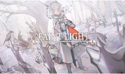Rule 34 | 1girl, arknights, bird, blurry, blurry foreground, breath, cape, closed mouth, coat, cross, depth of field, dragon horns, dutch angle, elk, english text, full body, graveyard, hand up, highres, holding, holding sword, holding weapon, horns, long sleeves, looking at viewer, noco (pixiv14976070), orange eyes, red cape, snow, snowing, solo, standing, sword, talulah (arknights), talulah the fighter (arknights), tree, two-tone cape, weapon, white cape, white coat, white hair, winter