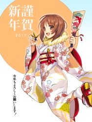 Rule 34 | 10s, 1girl, 2017, commentary, dress, floral print, girls und panzer, hagoita, hanetsuki, happy new year, icomochi, japanese clothes, kimono, kotoyoro, leg up, looking at viewer, looking back, new year, nishizumi miho, open mouth, paddle, sandals, short hair, smile, solo, standing, tabi, translated, white dress, white legwear