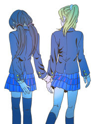 Rule 34 | 10s, 2girls, ayase eli, back, black hair, black socks, blazer, blonde hair, clothes grab, clothes pull, fio88, from behind, high ponytail, highres, jacket, kneehighs, long hair, long sleeves, love live!, love live! school idol project, low twintails, miniskirt, multiple girls, plaid, plaid skirt, school uniform, shy, skirt, socks, thighhighs, tojo nozomi, twintails, white background, zettai ryouiki