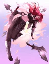 Rule 34 | 1girl, belt, black pants, breasts, citemer, cleavage, dagger, flower, gloves, highres, holding, holding weapon, jacket, katarina (league of legends), knife, large breasts, league of legends, liuruoyu8888, long hair, looking at viewer, midriff, navel, pants, red eyes, red hair, scar, smile, solo, weapon