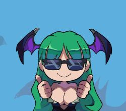 Rule 34 | 1girl, bare shoulders, breasts, capcom, cleavage, clothing cutout, demon girl, green hair, head wings, heart cutout, large breasts, long hair, morrigan aensland, smile, solo, sunglasses, thumbs up, vampire (game), wings