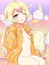 Rule 34 | 1girl, animal print, bad id, bad pixiv id, barefoot, blonde hair, blush, bottomless, breasts, breasts apart, closed mouth, cloud print, collarbone, commentary request, crescent, frilled pillow, frills, gradient background, groin, highres, long hair, mahou shoujo ikusei keikaku, mahou shoujo ikusei keikaku unmarked, multicolored hair, navel, nemurin, open mouth, open pajamas, pajamas, pillow, pink eyes, pink hair, rabbit print, rudo (rudorudo0917), seiza, sitting, sleepy, sleeves past wrists, small breasts, smile, solo, star (symbol), very long hair