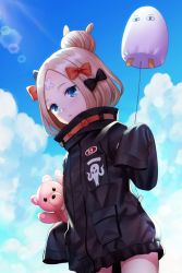 Rule 34 | 1girl, :o, abigail williams (fate), abigail williams (traveling outfit) (fate), balloon, bandaid, bandaid on face, bandaid on forehead, black bow, black jacket, blonde hair, blue eyes, blue sky, blush, bow, cloud, commentary request, day, fate/grand order, fate (series), hair bow, hair bun, hand up, holding, holding balloon, jacket, long hair, long sleeves, looking at viewer, medjed (fate), hugging object, official alternate costume, orange bow, outdoors, parted bangs, parted lips, single hair bun, sky, sleeves past fingers, sleeves past wrists, solo, standing, stuffed animal, stuffed toy, teddy bear, yamigo