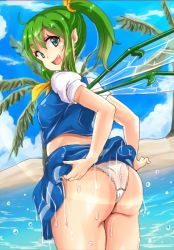 Rule 34 | 1girl, :d, asanari, ass, breasts, clothes lift, covered erect nipples, cowboy shot, daiyousei, day, fairy wings, fang, from behind, green eyes, green hair, lifted by self, looking back, open mouth, outdoors, panties, partially submerged, pointy ears, puffy short sleeves, puffy sleeves, short sleeves, side ponytail, skirt, skirt lift, skirt set, small breasts, smile, solo, standing, touhou, underwear, wading, wet, wet clothes, wet skirt, white panties, wings