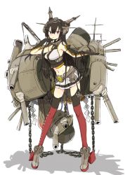 Rule 34 | 10s, 1girl, black hair, garter straps, headgear, kantai collection, long hair, machinery, mokeo, nagato (kancolle), navel, pleated skirt, red eyes, red thighhighs, skirt, solo, thighhighs, turret