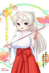 Rule 34 | 1girl, akeome, arrow (projectile), breasts, conte di cavour (kancolle), dated, grey hair, hakama, hamaya, happy new year, holding, holding arrow, japanese clothes, kantai collection, kimono, large breasts, long hair, masara (chuujou), miko, new year, official alternate costume, red eyes, red hakama, solo, standing, twitter username, two side up, white kimono