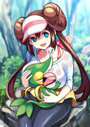 Rule 34 | 1girl, :d, between breasts, blue eyes, bow, bra strap, breast smother, breasts, brown hair, bush, creatures (company), double bun, face to breasts, game freak, gen 5 pokemon, grabbing, grabbing another&#039;s breast, hair bun, happy, highres, large breasts, looking at viewer, low twintails, nintendo, open mouth, pantyhose, pantyhose under shorts, pink bow, pokemon, pokemon (creature), pokemon bw2, rosa (pokemon), shirt, shorts, sitting, sleeping, smile, snivy, solo, solo focus, sweat, tonbo, twintails, visor cap, wet, wet clothes, wet shirt