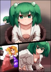 Rule 34 | 2girls, absurdres, blush, breasts, bucket, censored, closed mouth, commentary request, commission, dildo, downblouse, green eyes, green hair, hair bobbles, hair ornament, highres, horns, hoshiguma yuugi, in bucket, in container, japanese clothes, kimono, kisume, kurodani yamame, mosaic censoring, multiple girls, multiple views, navel, nipple slip, nipples, oni horns, peso (cheese company), red eyes, red horns, sex toy, single horn, skeb commission, small breasts, textless version, touhou, two side up, white kimono, wooden bucket