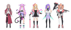 Rule 34 | 1girl, absurdres, ai.mi (omega strikers), animal ears, bare shoulders, baseball bat, black shirt, blonde hair, blue eyes, boots, bow, brown hair, cat ears, cat tail, collared shirt, concept art, earbuds, earphones, gloves, hair between eyes, hair bow, hammer, hand on own hip, heterochromia, highres, holding, holding hammer, holding weapon, jacket, liyart, looking at viewer, nail polish, necktie, official art, omega strikers, open clothes, open jacket, orange hair, pink bow, pink hair, purple eyes, purple hair, red eyes, shirt, simple background, single leg pantyhose, skirt, tail, testicles, weapon, white background, white gloves, white shirt, yellow eyes