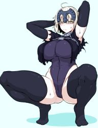Rule 34 | 1girl, ahoge, armpits, blush, breasts, colorized, fate/grand order, fate (series), full body, highres, jeanne d&#039;arc alter (fate), large breasts, legs, looking at viewer, nia (0122), no shoes, short hair, solo, spread legs, squatting, sweatdrop, thighhighs, thighs, third-party edit