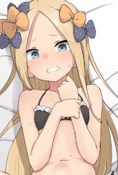 Rule 34 | 1girl, abigail williams (fate), bad id, bad twitter id, bare arms, bare shoulders, bed sheet, blonde hair, blue eyes, blush, bow, clenched teeth, collarbone, commentary request, crying, crying with eyes open, eyebrows, fate/grand order, fate (series), forehead, hair bow, hands up, highres, long hair, looking at viewer, lying, navel, on back, orange bow, parted lips, polka dot, polka dot bow, purple bow, solo, sweat, tears, teeth, upper body, very long hair, wide-eyed, yakihebi