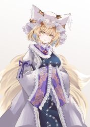 Rule 34 | 1girl, animal ears, blonde hair, blush, closed mouth, dress, fox ears, fox tail, frilled sleeves, frills, gradient background, hat, highres, mob cap, multiple tails, sarasadou dan, short hair, sleeves past fingers, sleeves past wrists, solo, tabard, tail, touhou, upper body, white dress, white hat, wide sleeves, yakumo ran, yellow eyes