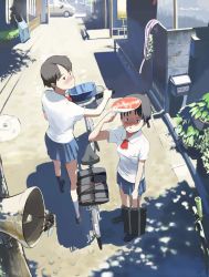 Rule 34 | 2girls, bad id, bad pixiv id, bag, basket, bicycle, black eyes, black hair, blouse, blue skirt, blush, bug, building, cicada, city, day, goon (date sd), hand fan, highres, holding, holding bag, hose, insect, jpeg artifacts, looking at viewer, looking back, looking up, motor vehicle, multiple girls, nose blush, original, outdoors, paper fan, plant, potted plant, road, satchel, shade, shading eyes, shadow, shirt, short hair, short sleeves, skirt, socks, standing, street, summer, sunlight, tree shade, uchiwa, van, vehicle, wall, white shirt, wing collar