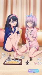 Rule 34 | 2girls, :d, ^ ^, absurdres, barefoot, black hair, blue eyes, blue pajamas, breast pocket, card, chips (food), closed eyes, cup, disposable cup, feet, food, full body, game cg, gridman universe, highres, huge filesize, indoors, multiple girls, official art, open mouth, pajamas, pink hair, pink pajamas, pocket, shinjou akane, sleepover, smile, ssss.gridman, takarada rikka