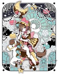Rule 34 | 1girl, asymmetrical legwear, brown hair, elina (e2n04n), frills, hat, holding, holding staff, horse, looking at viewer, mismatched legwear, multicolored clothes, original, solo, staff, star (symbol), thighhighs