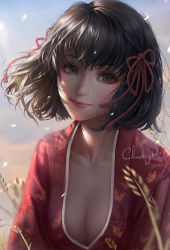 Rule 34 | 1girl, animal print, artist name, blush, breasts, brown hair, butterfly print, chuby mi, closed mouth, commission, hair ribbon, highres, japanese clothes, kimono, long hair, medium breasts, nose blush, portrait, realistic, red kimono, red ribbon, ribbon, rpg wanted: heroes and adventurers, short hair, signature, smile, yukata, yukino:rpg wanted