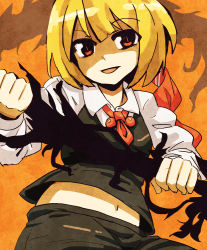 Rule 34 | 1girl, bad id, bad pixiv id, blonde hair, darkness, embodiment of scarlet devil, female focus, hair ribbon, midriff, navel, necktie, red eyes, ribbon, rumia, short hair, sil, solo, supershiruco, sword, touhou, weapon
