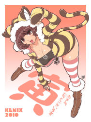 Rule 34 | 10s, 1girl, 2010, akeome, animal costume, animal print, bent over, boots, breasts, brown eyes, brown hair, chinese zodiac, cleavage, costume, happy new year, kenix, large breasts, legs apart, new year, original, paw pose, paw print, short hair, solo, striped clothes, striped thighhighs, thighhighs, tiger (chinese zodiac), tiger costume, tiger print