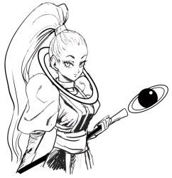 Rule 34 | 10s, 1girl, angel (dragon ball), belt, commentary request, dragon ball, dragon ball super, dress, eyelashes, greyscale, holding, holding staff, long hair, looking at viewer, monochrome, murata yuusuke, ponytail, puffy sleeves, simple background, smile, solo, solo focus, staff, upper body, vados (dragon ball), very long hair, white background