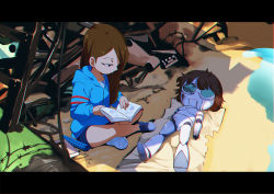 Rule 34 | 1girl, bad id, bad pixiv id, bare legs, book, borrowed character, broken, brown hair, chromatic aberration, hair over one eye, indian style, jcm2, kit (jcm2), letterboxed, lisa loud, lisabot, long hair, lying, on back, original, reading, robot, shade, shoes, short hair, short shorts, shorts, sitting, sneakers, solo, sweater, tagme, the loud house