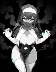 Rule 34 | 1girl, brassica, breasts, cleavage, cleavage cutout, clothing cutout, commission, cowboy shot, greyscale, habit, highres, large breasts, long eyelashes, long hair, monochrome, navel cutout, nun, original, pelvic curtain, sharp teeth, smoke, solo, stitched mouth, stitches, teeth, thighhighs, tongue, tongue out