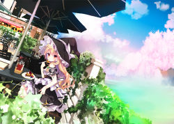 Rule 34 | 1girl, apron, black dress, blonde hair, blue sky, blush, bow, braid, cafe, cake, cherry blossoms, cloud, day, dress, dutch angle, eating, food, fork, frilled dress, frills, hat, hat bow, kirisame marisa, long hair, looking at viewer, outdoors, pastry, plate, puffy sleeves, red eyes, shiwasu horio, short sleeves, side braid, sitting, sky, solo, table, touhou, tree, umbrella, waist apron, water, wide shot, witch hat