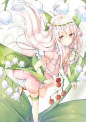Rule 34 | 1girl, absurdres, berry, clenched hand, flower, head wreath, highres, leaf, lily of the valley, long hair, original, personification, pink eyes, sandals, solo, thigh strap, tsuchikure, white hair