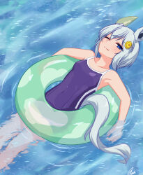 Rule 34 | 1girl, absurdres, animal ears, blue eyes, blue hair, breasts, closed mouth, covered navel, feet out of frame, hair ornament, hairclip, highres, horse ears, horse girl, horse tail, innertube, lexis yayoi, looking at viewer, one-piece swimsuit, one eye closed, partially submerged, purple one-piece swimsuit, ripples, seiun sky (umamusume), short hair, signature, small breasts, smile, solo, swim ring, swimsuit, tail, tracen swimsuit, umamusume, water