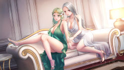 Rule 34 | 2girls, alternate costume, bracelet, breasts, circlet, cleavage, closed mouth, cocktail dress, commission, couch, crossover, curtains, dress, feet, female focus, fire emblem, fire emblem: three houses, flower, green eyes, green hair, green nails, grey hair, hair flower, hair ornament, hair over shoulder, hand on another&#039;s shoulder, high heels, highres, jewelry, lamp, large breasts, legs, long hair, looking at viewer, matching hair/eyes, multiple girls, nail polish, niijima sae, nintendo, parted lips, persona, persona 5, red eyes, red nails, rhea (fire emblem), round table, sebu illust, side slit, sitting, smile, table, thighs, toes