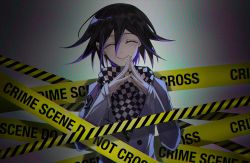 Rule 34 | 1boy, artist name, black hair, black scarf, buttons, checkered clothes, checkered scarf, crime scene, danganronpa (series), danganronpa v3: killing harmony, double-breasted, facing viewer, flipped hair, gradient background, grey background, grey jacket, hands up, highres, jacket, male focus, multicolored hair, oma kokichi, own hands together, pink hair, scarf, smile, solo, two-tone hair, upper body, very fruity, white scarf